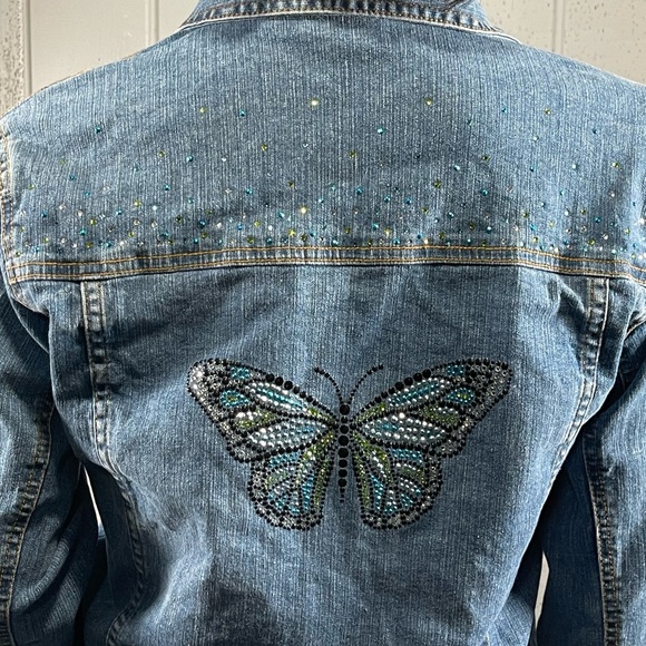 *Sunburst by Morning Sun Rhinestone Butterfly Denim Jean Jacket Sz M - Picture 14 of 17